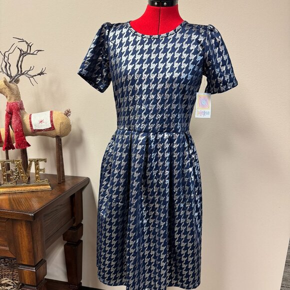 LuLaRoe Amelia Dress Elegant Collection Navy Silver NEW with tags size L - Picture 1 of 15